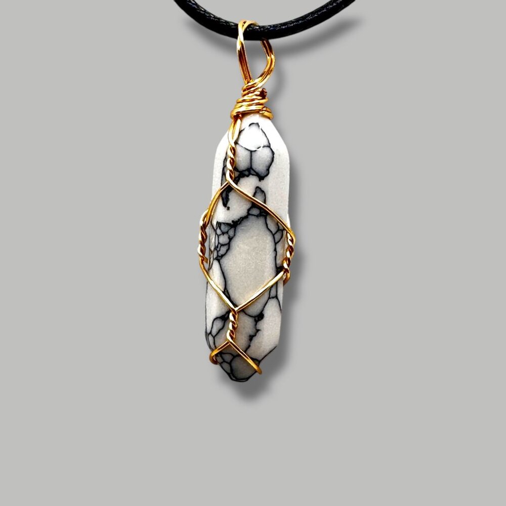 Wire-Wrapped Howlite Pendant Necklace On Black Cord With Adjustable Chain